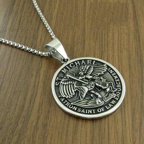 Punk 316L Stainless Steel Black Silver Color Round ARCHANGEL ST MICHAEL Guardian Pendant Jewelry For Gift