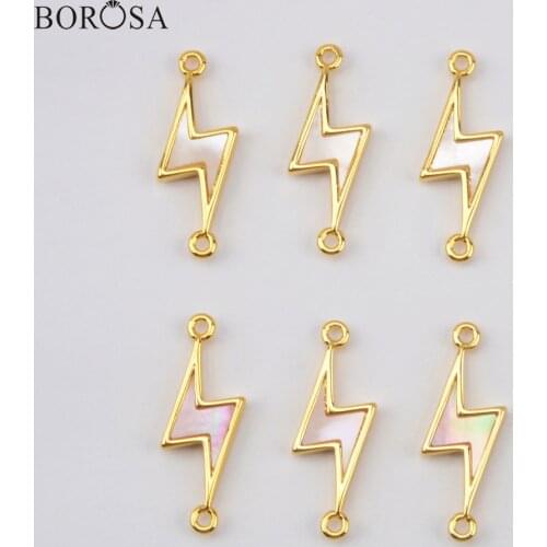 BOROSA New Natural White Pink Shell Connector for Bracelets Making Double Hole Gold Lightning Shell Charms for Necklace WX1419