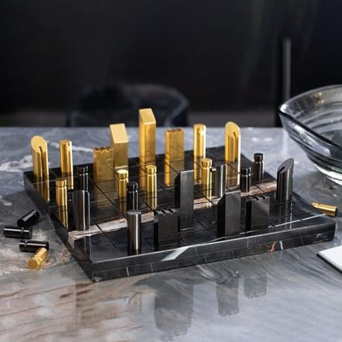 Modern Black Marble Checkerboard Gold Black Metal Chessman Decor For Home Room Hotel Designer Soft Coffee Table Furnishing