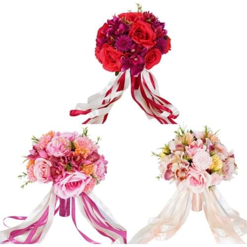 Wedding Bridal Bouquet Artificial Rose Fake Chrysanthemum Orchid Holding Flowers with Long Ribbon Party Decoration