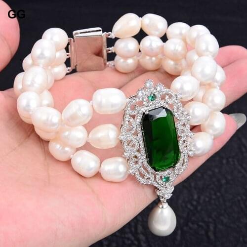 GuaiGuai Jewelry Natural Pearl 8" Natural White Rice Pearl Bracelet Green Crystal CZ Connector Shell Pendant