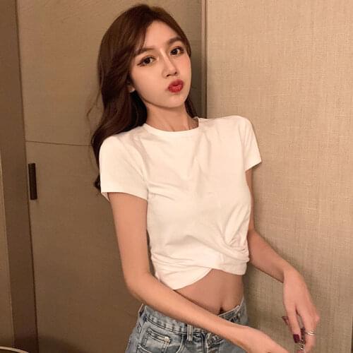 2021 Women Summer T-Shirt New Korean Fashion Harajuku Slim Round-Neck Short Sleeve Navel Top High Waist Short Black T-Shirt