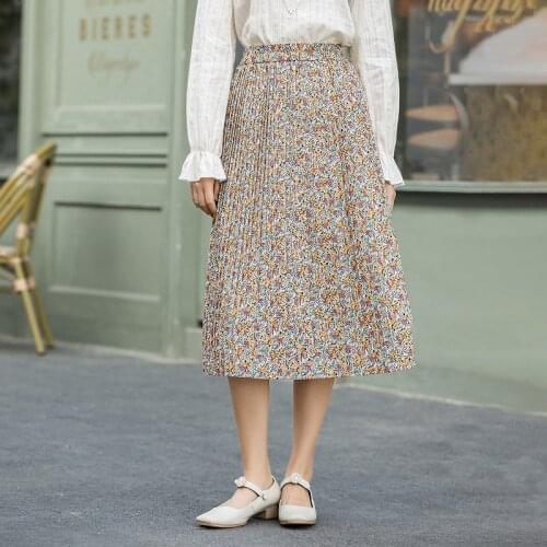 INMAN 2021 Spring New Arrival Floral A-Line Knee Length Pleated Slim Medium Length Womens Skirt