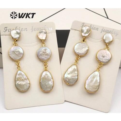 WT-E491 WKT New Pearl Earrings Natural Freshwater Pearl Womens Earrings Three Pearls Hanging Gold Bezel Drops shape Jewelry