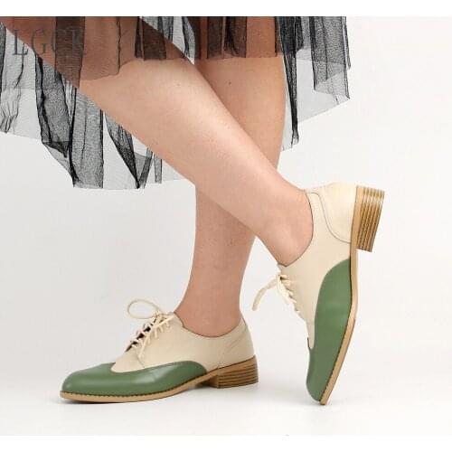 Plus Size 34-43 Genuine Leather Women Shoes Lace Up Oxford Casual Vintage Loafers Mixed Colors Female Ladies Single Shoes