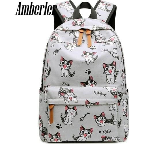 Amberler Women Backpack Canvas Cat Printed Casual Ladies Laptop Travel Backpacks New School Bags For Teenage Girls Shoulder Bag