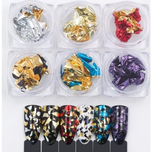1 Set Gold Silver 6 Colors Aluminum Foil Flakes Nail Sticker 3D Glitter Decals DIY Manicure UV Gel Polish Nail Art Decoration