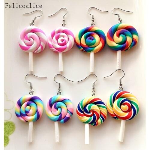 1Pair Soft Clay Rainbow Lollipop Drop Earrings Children Women Jewelry Custom Made Handmade Cute Girls Cotton Candy Gift
