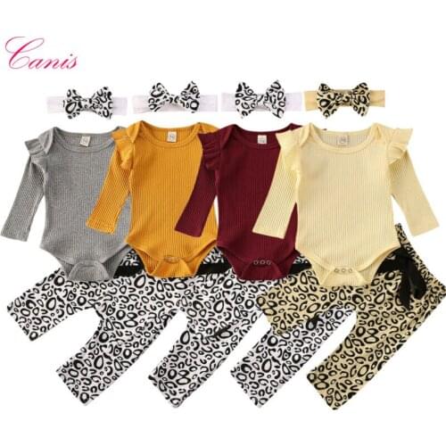Toddler Girl Clothes Newborn Baby Girls Boys Ruffle Long Sleeve Bodysuit Tops Leopard Pants 3PCS Outfits Clothes Size 0-18M