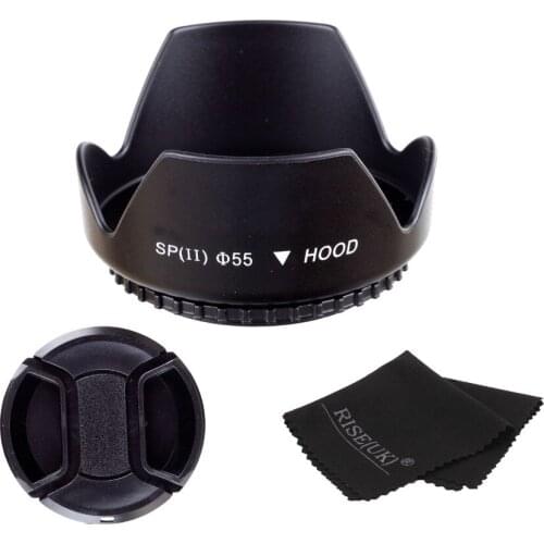 55MM flower lens hood+snap-on front lens cap+black cloth for canon nikon pentax sony camera