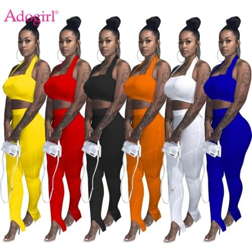 Adogirl Women Solid Two Piece Set Halter Backless Crop Top Split Bottom Pencil Pants Fashion Casual Suit Home Outfits
