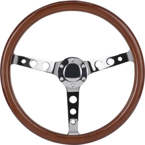 Car Horns wheel horn button 15in 6-Hole Steering Wheel Retro Mahogany Wood Grip Stainless Steel Spoke with Horn Cover Cable