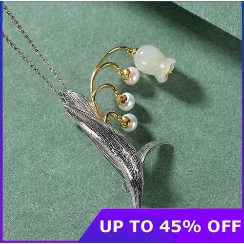 Dual-use Natural Jade Pearls Lily of the valley FlowerS Brooches Pendants NO Chains Real 925 Silver Leaves Pins Brooch Jewelry