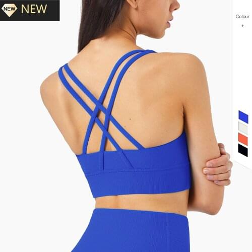 Sexy Hollow Backless Cross Strap Lulu Yoga Bra Crop Top Ribbed Pit Strip Blue Orange White Sporty Bra Woman Big Size Sportswear