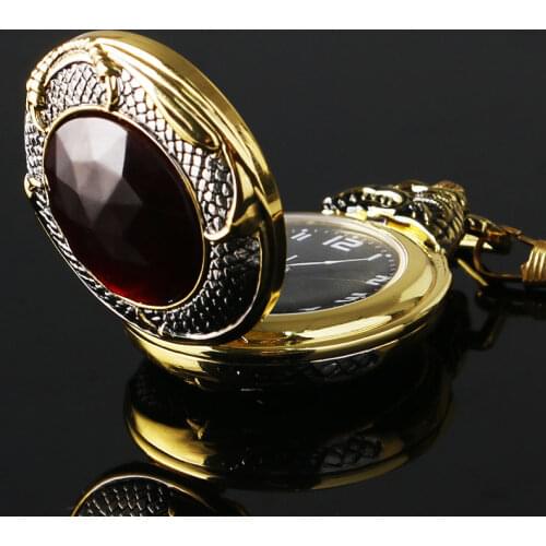 Vintage Gold Pocket Watch Men Evil Dragon New Golden Tone Case Big Red Crystal Retro Red Garnet Inset Luxury Necklace Gift