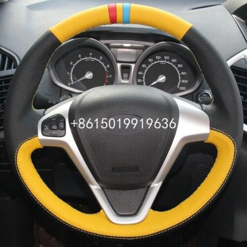 Yellow Black Leather Car Steering Wheel Cover for Ford Fiesta 08-13 Ecosport 13-16