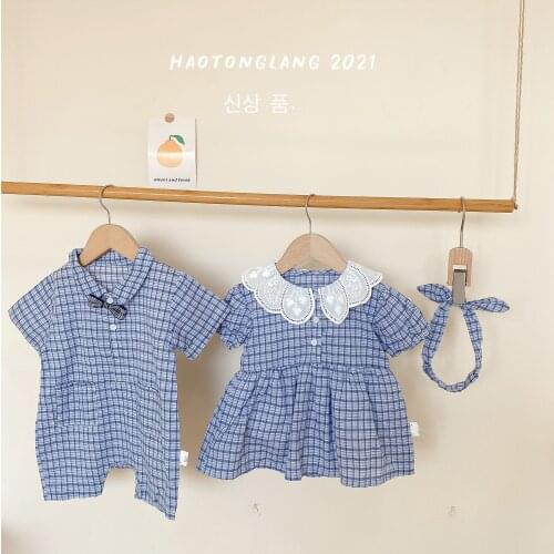 2021 Summer Children Creeping Suit Lattice Short Sleeve Cute Brother and Sister Romper Short Girls with Hair Belt