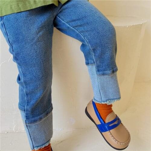 2021 Korea style girls boys patchwork denim pants autumn fashion kids long jeans pants 2-7 years