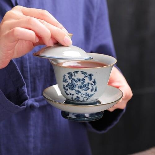 Porcelain Teacup Sancai Gaiwan Set Ceramic Tureen with Lid Bowl Chinese Handmade Kung Fu Sancai Tea Bowl Drinkware
