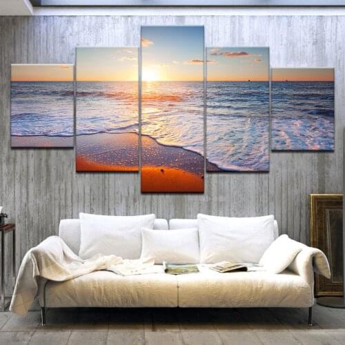 HD Printed Canvas Poster Framework Wall Art 5 Pieces Beach Waves Sunset Seaview Home Decor Living Room Painting Modular Pictures