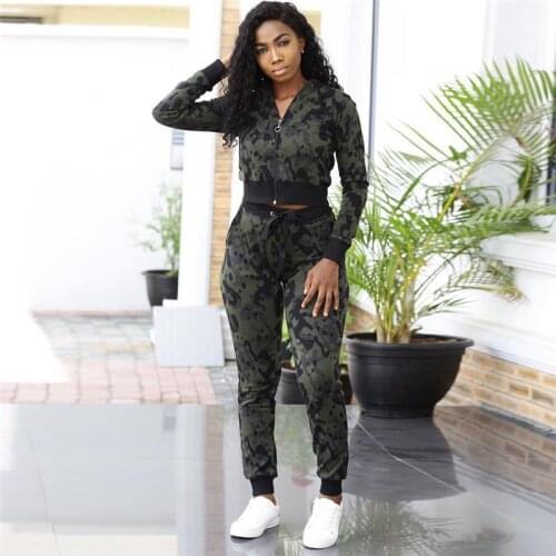 Camouflage Two Piece Set Tracksuit Women Autumn Casual Camo Print Short Jacket Top and Pants Jogging Suit Outfits