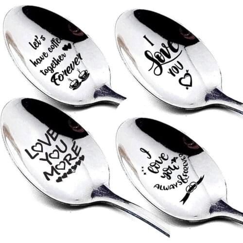 Stainless Steel Coffee Spoons Dessert Ice Cream Fruit Spoon Teaspoon Love Engraved Tableware Dinnerware Gift For Valentines Day