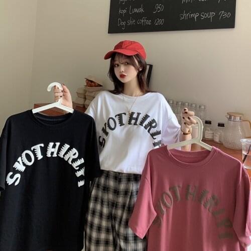 Summer college style letter printing half-sleeved mid-length loose cotton T-shirt all-match casual women