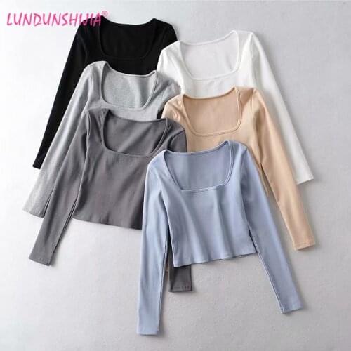 LUNDUNSHIJIA Spring Big Square Collar Solid Crop Tops Women Good Quality Elasticity Ribbed Cotton Sexy Tops Full Slim T-Shirt