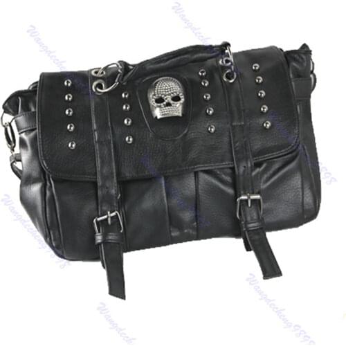 THINKTHENDO Popular Fashion Womens Personalise Punk Rivet Skull Shoulder Bag Handbag Black