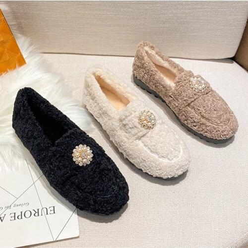 2020 Lambswool Moccasins women warm plush winter shoes woman espadrilles comfy fleeces loafers crystal pearl fur flats plus size