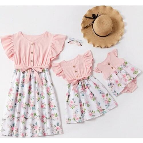 Flower Print Mommy And Me Clothes Women Girls Irregular Mother Daughter Macthing Dresses Family Set Flower Mom Baby Cotton Dress