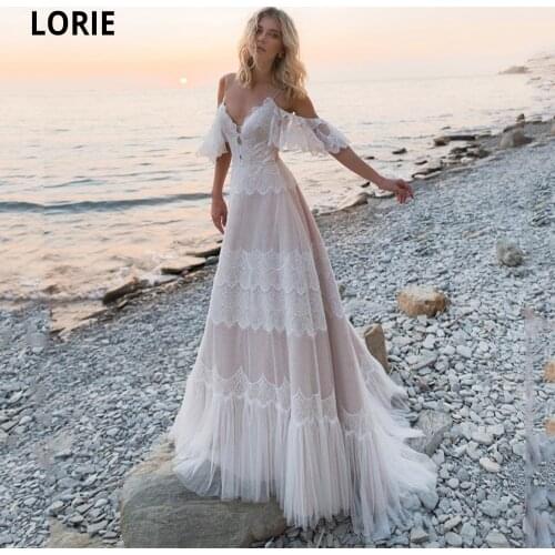 LORIE Beach Bohemian Wedding Dresses Champagne Boho Bride Gowns Lace Appliques V-neck Off Shoulder Princess Party Dresses Lacing