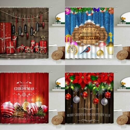 Merry Christmas Shower Curtain Red New Year Xmas Gift Holiday Bathroom Retro Old Wooden Board Farmhouse Decor Waterproof Screen