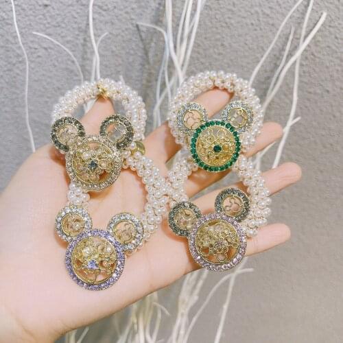 Cartoon Girls Elastic Hair Band Square Elegant Rhinestone Shiny Crystal Gem Hair Accessories Scrunchies Pearl Hair Tie Wholesale