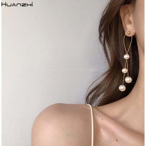 HUANZHI Korean 2019 S925 Needle New Imitation Pearls Tassel Long Drop Earrings for Women Girls Party Vacation Wedding