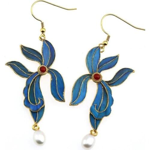 Independent design new enamel porcelain inlaid southern red tourmaline pearl earrings simple Chinese style ladies silver jewelry