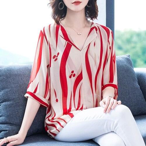 Printed Chiffon Blouse Women Office Lady Shirt Elegant 2021 Summer Short Sleeve Shirts Tops and Blouses Plus Size Clothes Y957