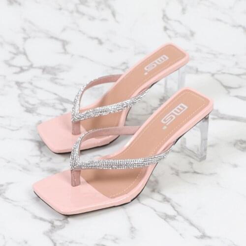 2021 New Brand Women Slipper Summer Outdoor Sandal Slip On Flip Flop Ladies Crystal Thick High Heels Slides Elegant Women Shoes