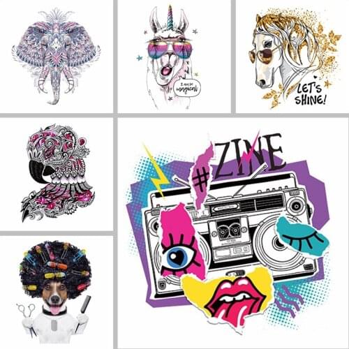Heat Transfer Sticker Colorful Animals Heads Horse Dogs Special Hairstyle Radio For DIY Clothes Bags Patches Applique 2020 New
