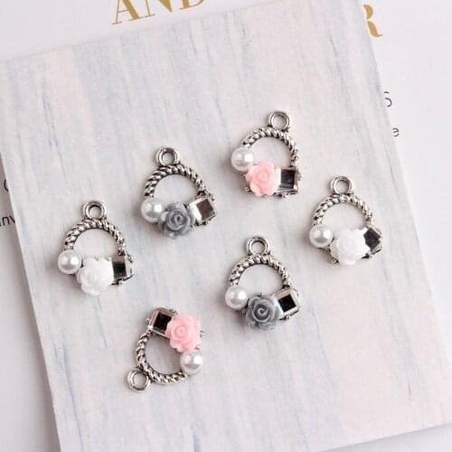 10PCS 13*14MM Vintage Silver Tone Alloy DIY Jewelry Charms Resin Rose Flower Decorated Hollow Out Metal Pendants
