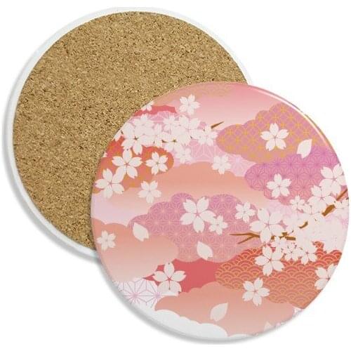 Cherry Blossoms Clouds Pink Pattern Ceramic Coaster Cup Mug Holder Absorbent Stone for Drinks 2pcs Gift