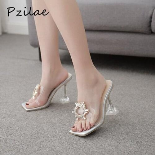 Pzilae 2020 PVC transparent summer slippers women square open toe slides new crystal buckle clear high heels shoes size 42