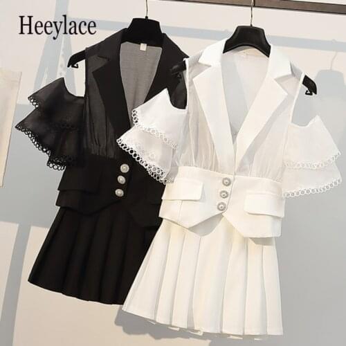 Plus Size Elegant 2 Piece Set Female 2021 Summer Chic Strapless Lace Patchwork Pearl Button Chiffon Shirt + Pleated Skirt Outfit