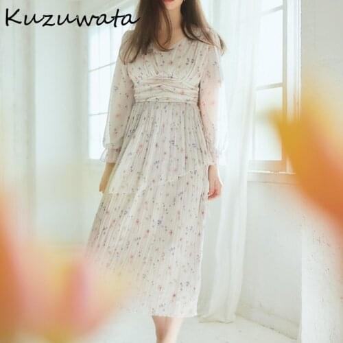 Kuzuwata V Neck Long Sleeve Pullover Dress Women High Waist Hip A Line Pleat Vestidos Ruffles Patch Print Robe Spring 2021 New