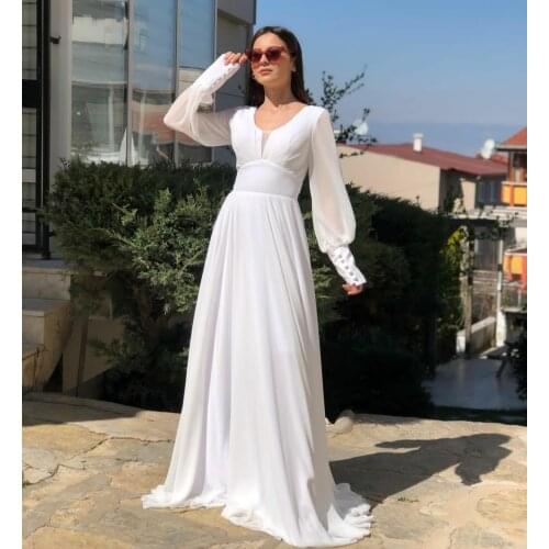 Elegant Long Sleeve White Prom Dresses with Pockets Zipper Back V-Neck Pleated Robe De Soiree Floor Length Formal Party Gown