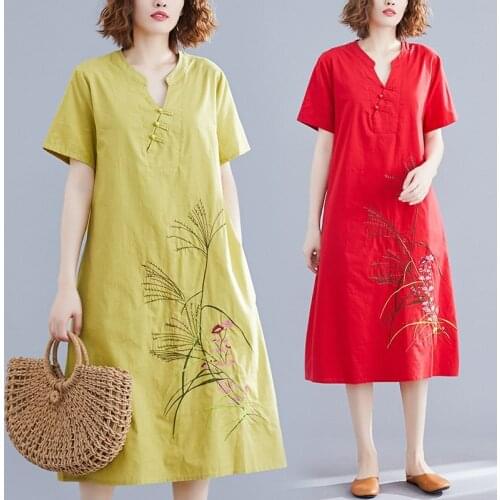 Ethnic Robe Vintage Femme Female Dress Embroidery Floral Cotton Linen Folk Dress Midi Elegant Vestido 2019 Summer Dresses AA4813