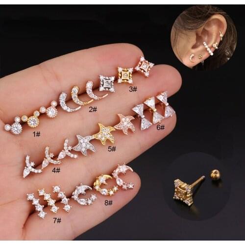 1PC 20G Stud Cz Star Moon Flower Cz Ear Studs Helix Piercing Cartilage Earring Conch Rook Tragus Stud Piercing Jewelry