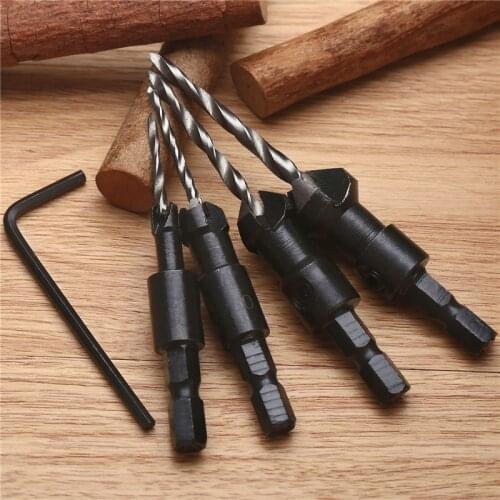 4pcs Tools Quick Change Hex Shank HSS Carpentry Countersink Drill Bit Set Hole Saw Woodworking Mini Drill +Wrench #6 #10 #13 #16