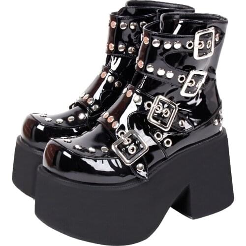 Angelic imprint Women Gothic motorcycle punk boots lady short Boots woman high trifle heels pumps shoes rivets 33-47 10cm 7003