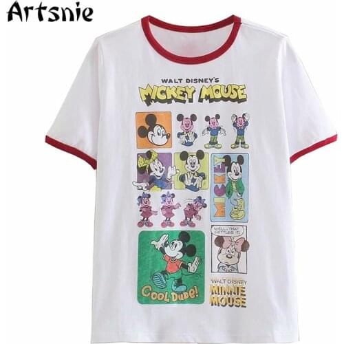 Artsnie Mickey Mouse Disney T Shirt Women Summer 2021 Cartoon O Neck Short Sleeve Tops Streetwear Casual White Knitted T-shirts